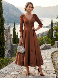 Satin A-Line/Princess V-Neck Tea-Length Mother of the Bride & Groom Dresses with 3D Flowers