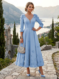 Satin A-Line/Princess V-Neck Tea-Length Mother of the Bride & Groom Dresses with 3D Flowers