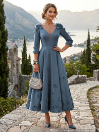 Satin A-Line/Princess V-Neck Tea-Length Mother of the Bride & Groom Dresses with 3D Flowers