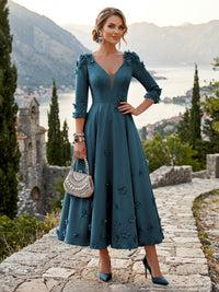 Satin A-Line/Princess V-Neck Tea-Length Mother of the Bride & Groom Dresses with 3D Flowers
