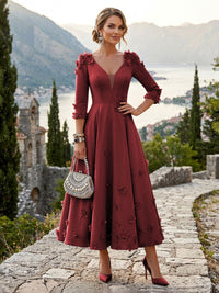 Satin A-Line/Princess V-Neck Tea-Length Mother of the Bride & Groom Dresses with 3D Flowers