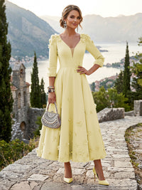 Satin A-Line/Princess V-Neck Tea-Length Mother of the Bride & Groom Dresses with 3D Flowers