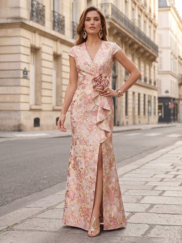 Jacquard Sheath/Column V-Neck Floor-Length Mother of the Bride & Groom Dresses with Ruffles & Slit