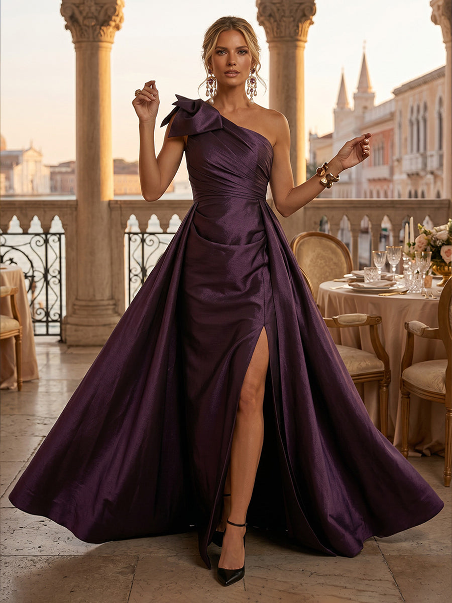 Satin A-Line/Princess One Shoulder Floor-Length Mother of the Bride & Groom Dresses with Ruched Waist & Slit