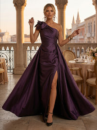 Satin A-Line/Princess One Shoulder Floor-Length Mother of the Bride & Groom Dresses with Ruched Waist & Slit