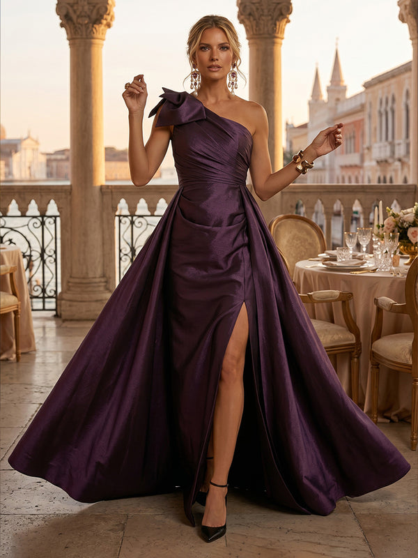 Satin A-Line/Princess One Shoulder Floor-Length Mother of the Bride & Groom Dresses with Ruched Waist & Slit