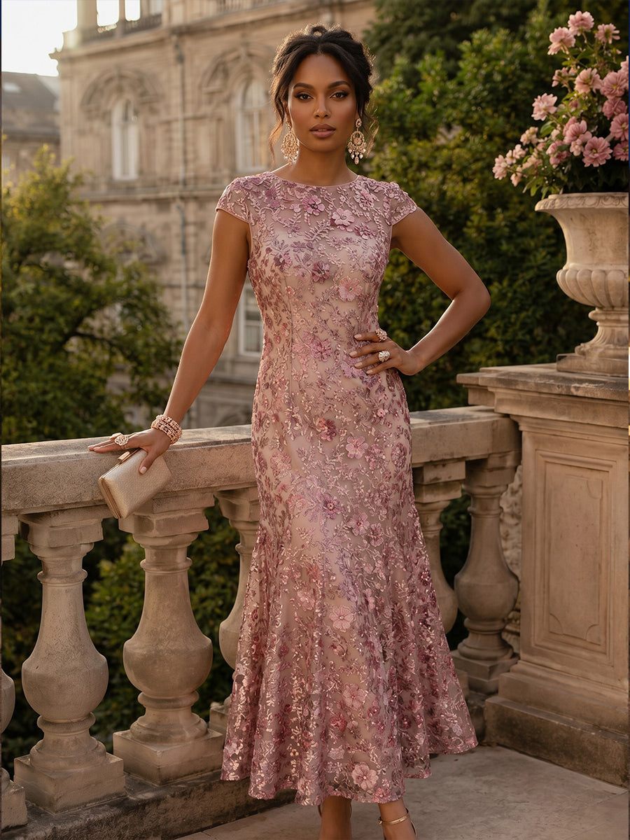 Sequin Floral Sheath/Column Scoop Neck Tea-Length Mother of the Bride & Groom Dresses with 3D Flowers