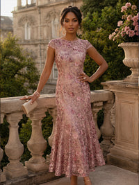 Sequin Floral Sheath/Column Scoop Neck Tea-Length Mother of the Bride & Groom Dresses with 3D Flowers