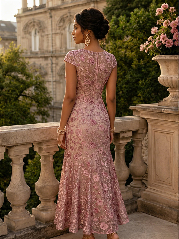 Sequin Floral Sheath/Column Scoop Neck Tea-Length Mother of the Bride & Groom Dresses with 3D Flowers