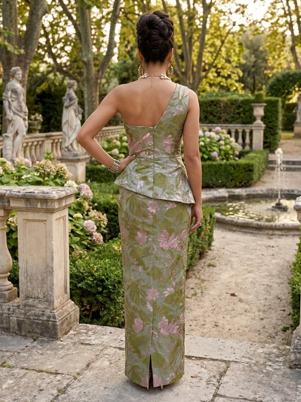 Jacquard Sheath/Column One Shoulder Floor-Length Mother of the Bride & Groom Dresses with Ruched Waist