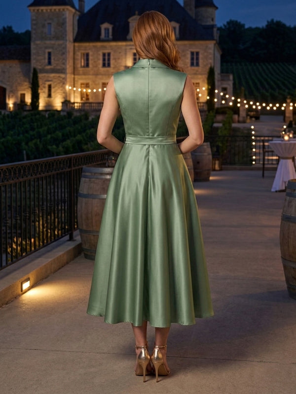 Satin A-Line/Princess V-Neck Tea-Length Mother of the Bride & Groom Dresses with Bow