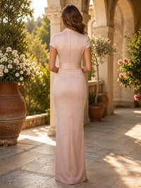 Satin Sheath/Column V-Neck Floor-Length Mother of the Bride & Groom Dresses with 3D Flowers & Ruched Waist