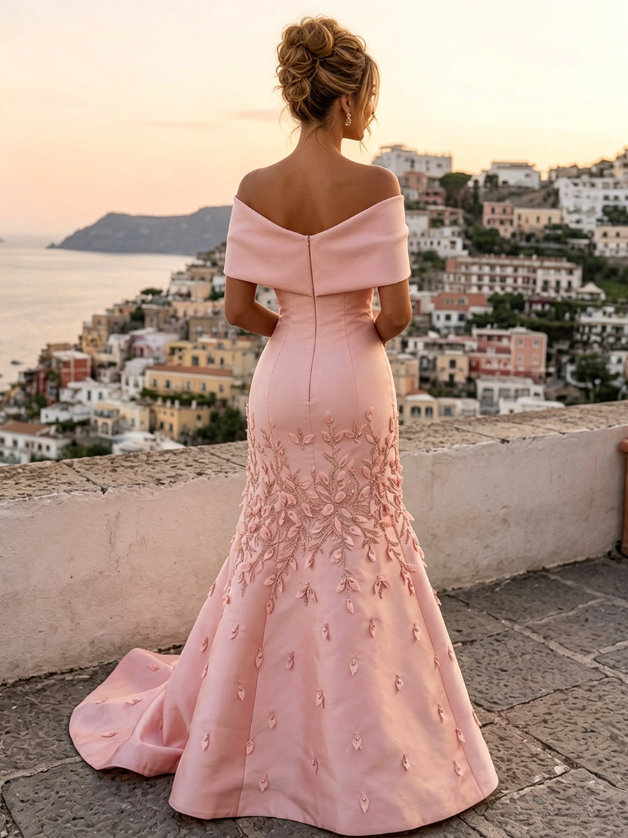 Satin Mermaid/Trumpet Off Shoulder Floor-Length Mother of the Bride & Groom Dresses with Rhinestones & Sweep Train