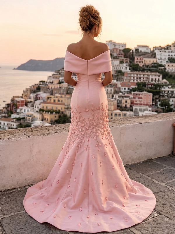 Satin Mermaid/Trumpet Off Shoulder Floor-Length Mother of the Bride & Groom Dresses with Rhinestones & Sweep Train