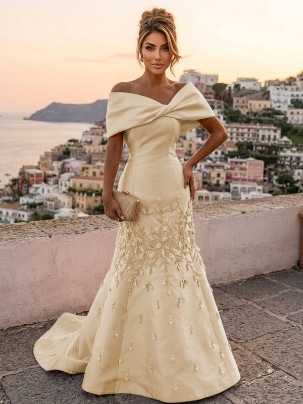 Satin Mermaid/Trumpet Off Shoulder Floor-Length Mother of the Bride & Groom Dresses with Rhinestones & Sweep Train