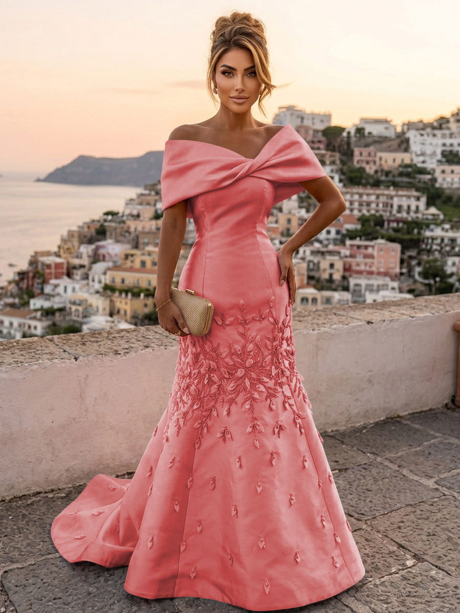 Satin Mermaid/Trumpet Off Shoulder Floor-Length Mother of the Bride & Groom Dresses with Rhinestones & Sweep Train