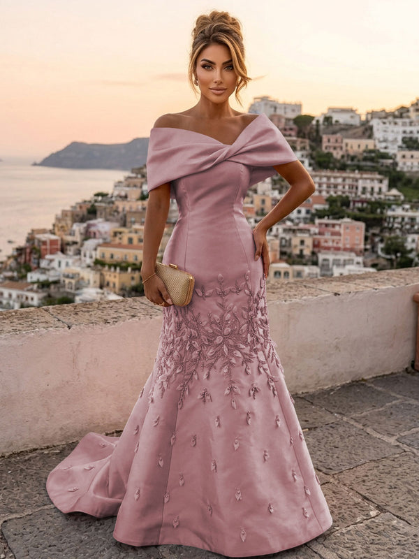 Satin Mermaid/Trumpet Off Shoulder Floor-Length Mother of the Bride & Groom Dresses with Rhinestones & Sweep Train