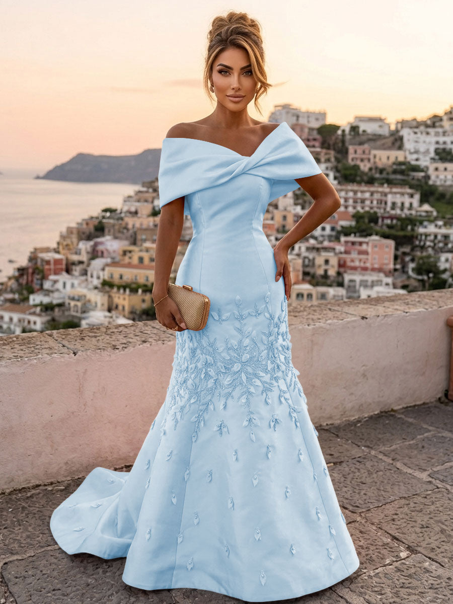 Satin Mermaid/Trumpet Off Shoulder Floor-Length Mother of the Bride & Groom Dresses with Rhinestones & Sweep Train