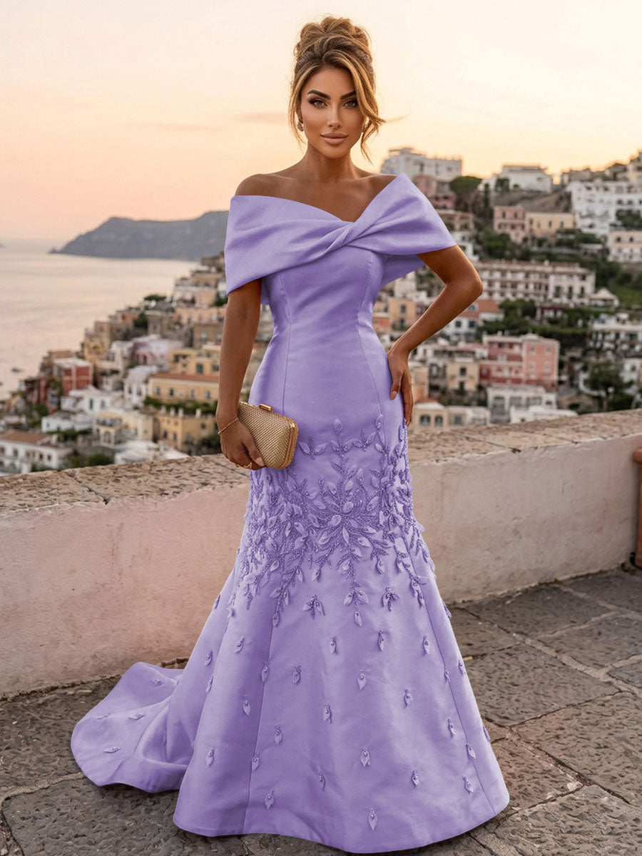 Satin Mermaid/Trumpet Off Shoulder Floor-Length Mother of the Bride & Groom Dresses with Rhinestones & Sweep Train