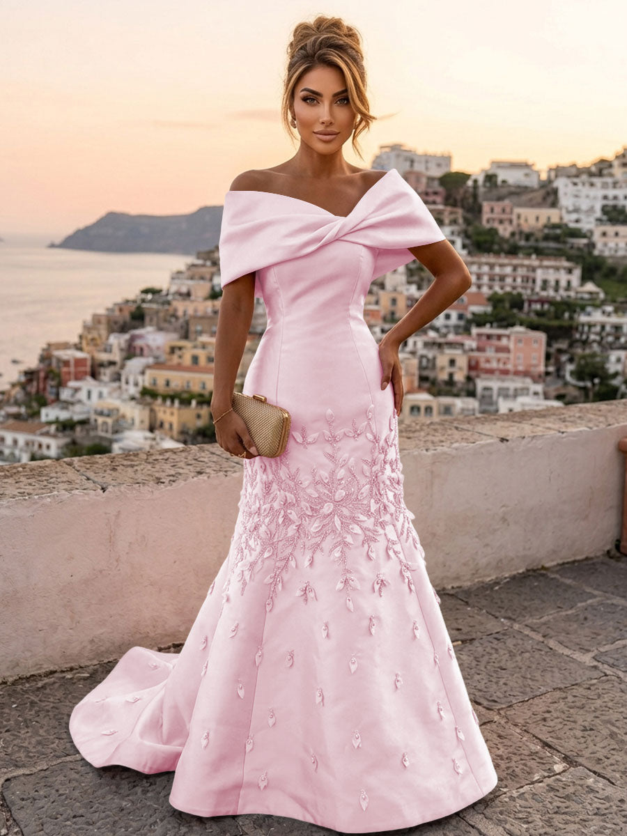 Satin Mermaid/Trumpet Off Shoulder Floor-Length Mother of the Bride & Groom Dresses with Rhinestones & Sweep Train