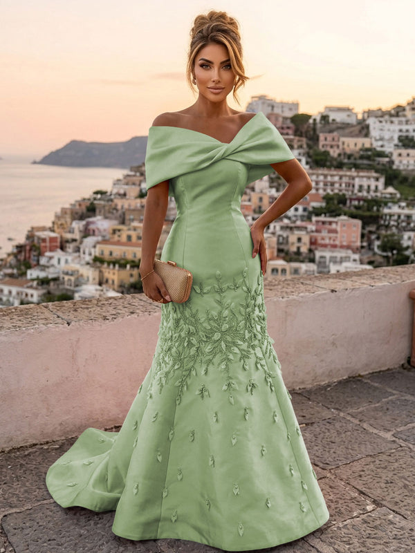 Satin Mermaid/Trumpet Off Shoulder Floor-Length Mother of the Bride & Groom Dresses with Rhinestones & Sweep Train