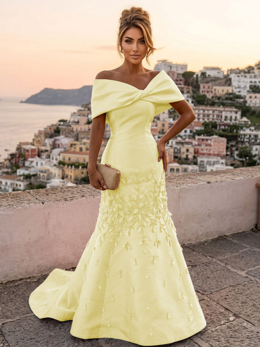 Satin Mermaid/Trumpet Off Shoulder Floor-Length Mother of the Bride & Groom Dresses with Rhinestones & Sweep Train