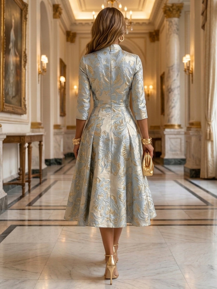 Jacquard A-Line/Princess V-Neck Tea-Length Mother of the Bride & Groom Dresses with Ruched Waist