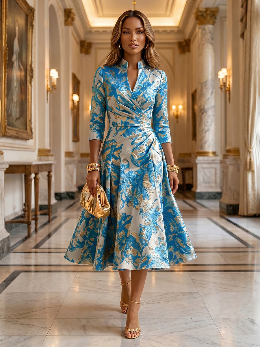 Jacquard A-Line/Princess V-Neck Tea-Length Mother of the Bride & Groom Dresses with Ruched Waist