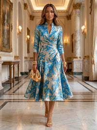 Jacquard A-Line/Princess V-Neck Tea-Length Mother of the Bride & Groom Dresses with Ruched Waist