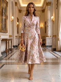Jacquard A-Line/Princess V-Neck Tea-Length Mother of the Bride & Groom Dresses with Ruched Waist