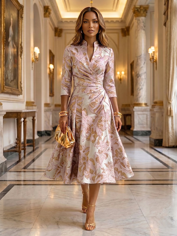 Jacquard A-Line/Princess V-Neck Tea-Length Mother of the Bride & Groom Dresses with Ruched Waist