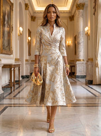 Jacquard A-Line/Princess V-Neck Tea-Length Mother of the Bride & Groom Dresses with Ruched Waist