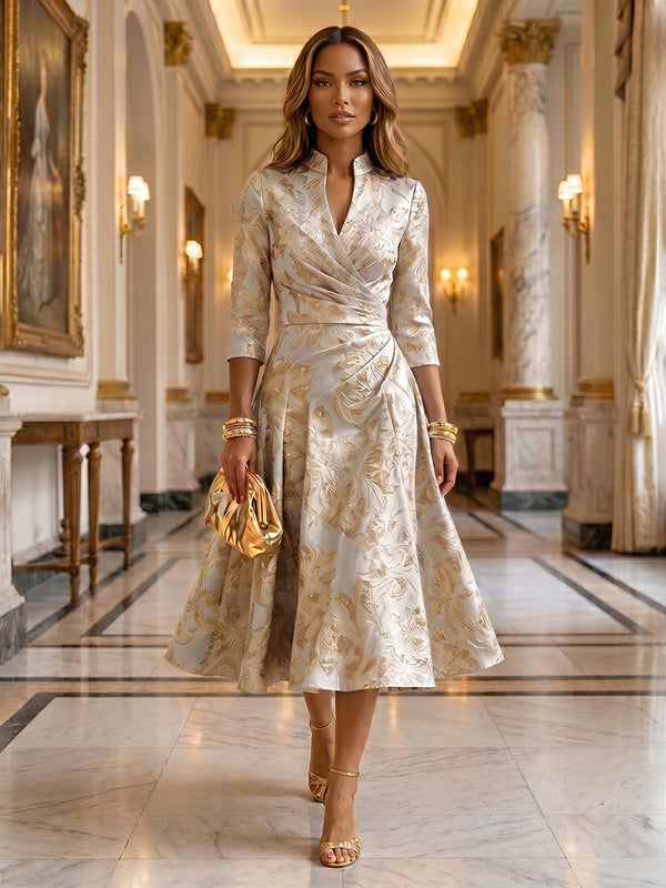 Jacquard A-Line/Princess V-Neck Tea-Length Mother of the Bride & Groom Dresses with Ruched Waist