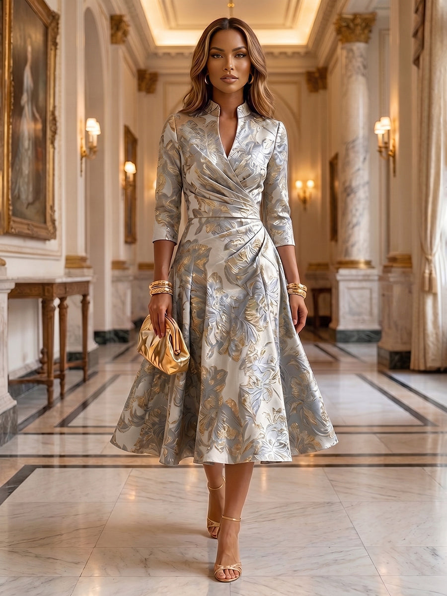 Jacquard A-Line/Princess V-Neck Tea-Length Mother of the Bride & Groom Dresses with Ruched Waist