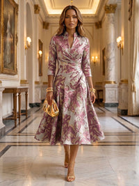 Jacquard A-Line/Princess V-Neck Tea-Length Mother of the Bride & Groom Dresses with Ruched Waist
