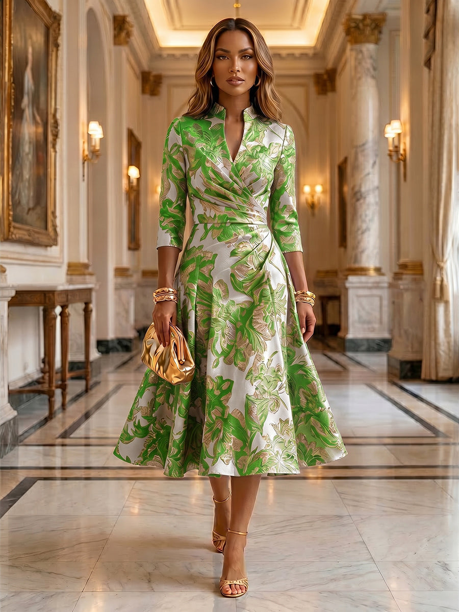Jacquard A-Line/Princess V-Neck Tea-Length Mother of the Bride & Groom Dresses with Ruched Waist