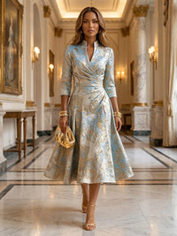 Jacquard A-Line/Princess V-Neck Tea-Length Mother of the Bride & Groom Dresses with Ruched Waist