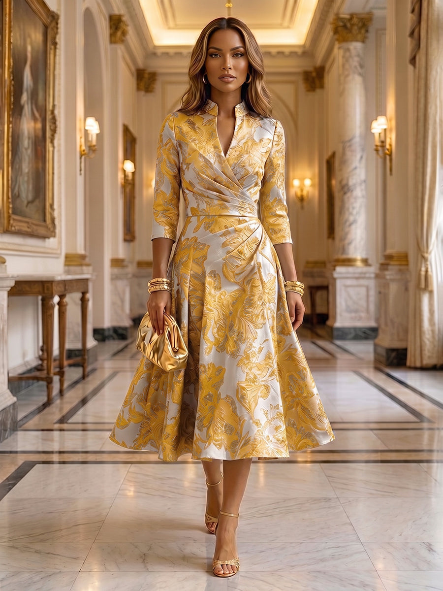 Jacquard A-Line/Princess V-Neck Tea-Length Mother of the Bride & Groom Dresses with Ruched Waist