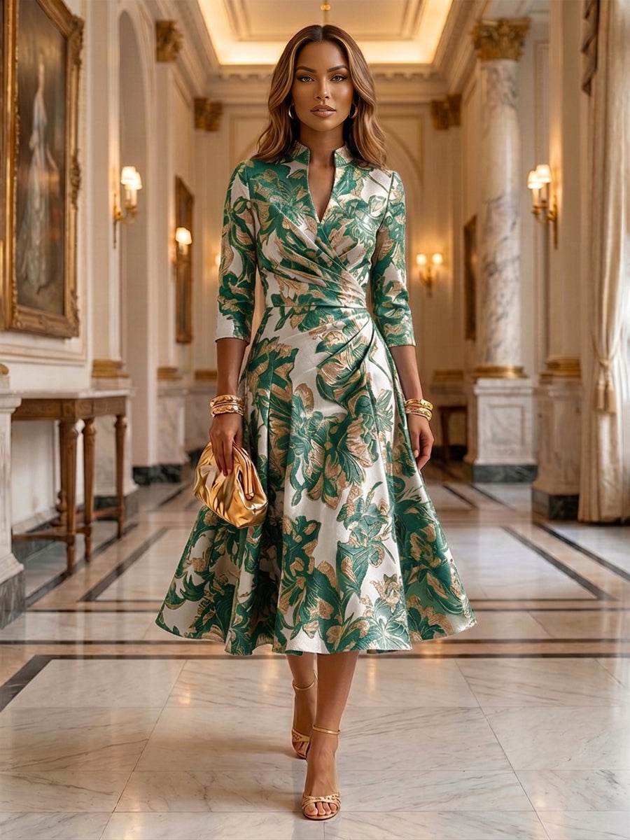 Jacquard A-Line/Princess V-Neck Tea-Length Mother of the Bride & Groom Dresses with Ruched Waist