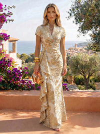 Jacquard Sheath/Column V-Neck Floor-Length Mother of the Bride & Groom Dresses with Ruffles & Ruched Waist