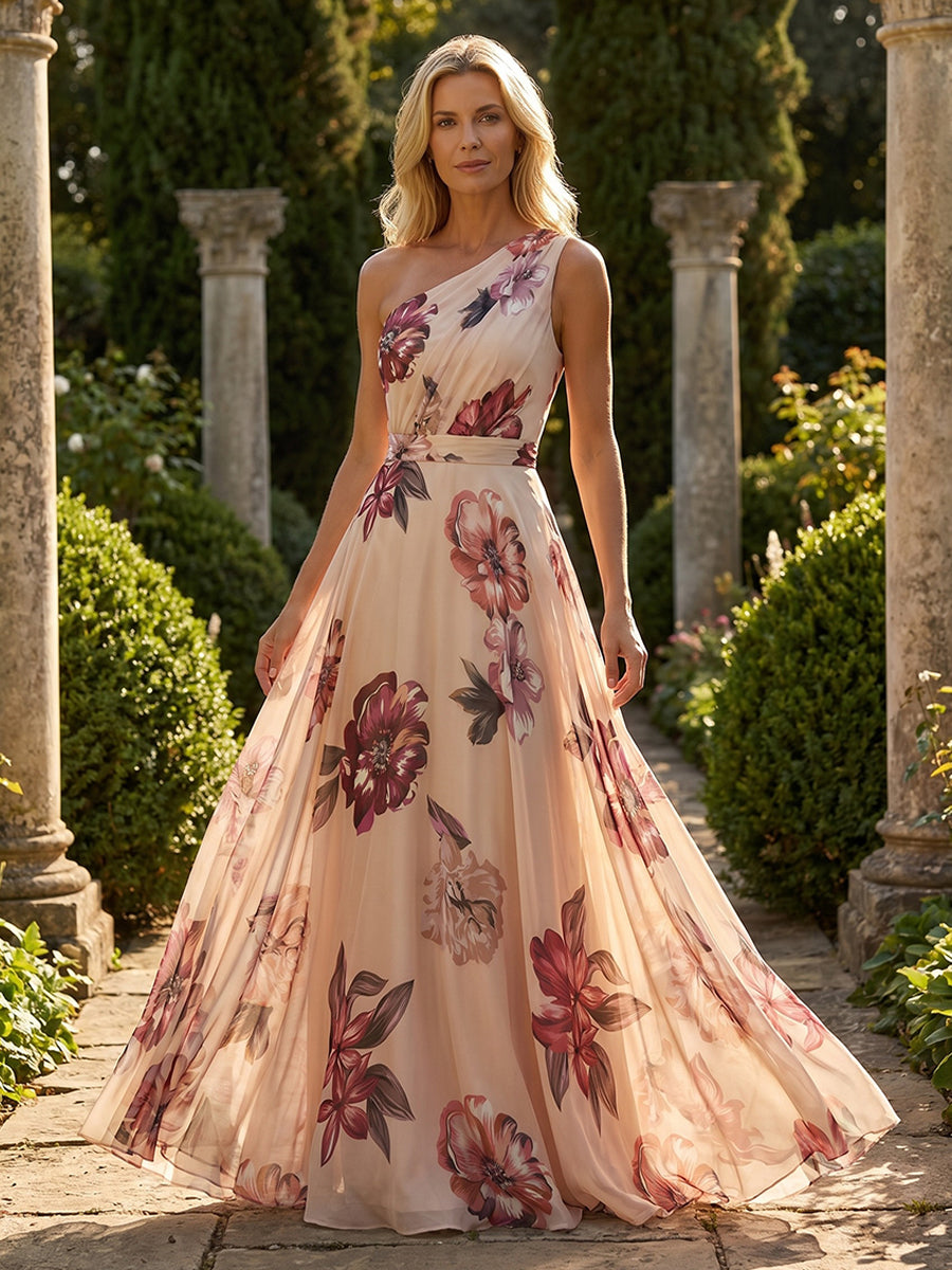 Floral Print A-Line/Princess One Shoulder Floor-Length Mother of the Bride & Groom Dresses with Pleats