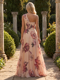 Floral Print A-Line/Princess One Shoulder Floor-Length Mother of the Bride & Groom Dresses with Pleats