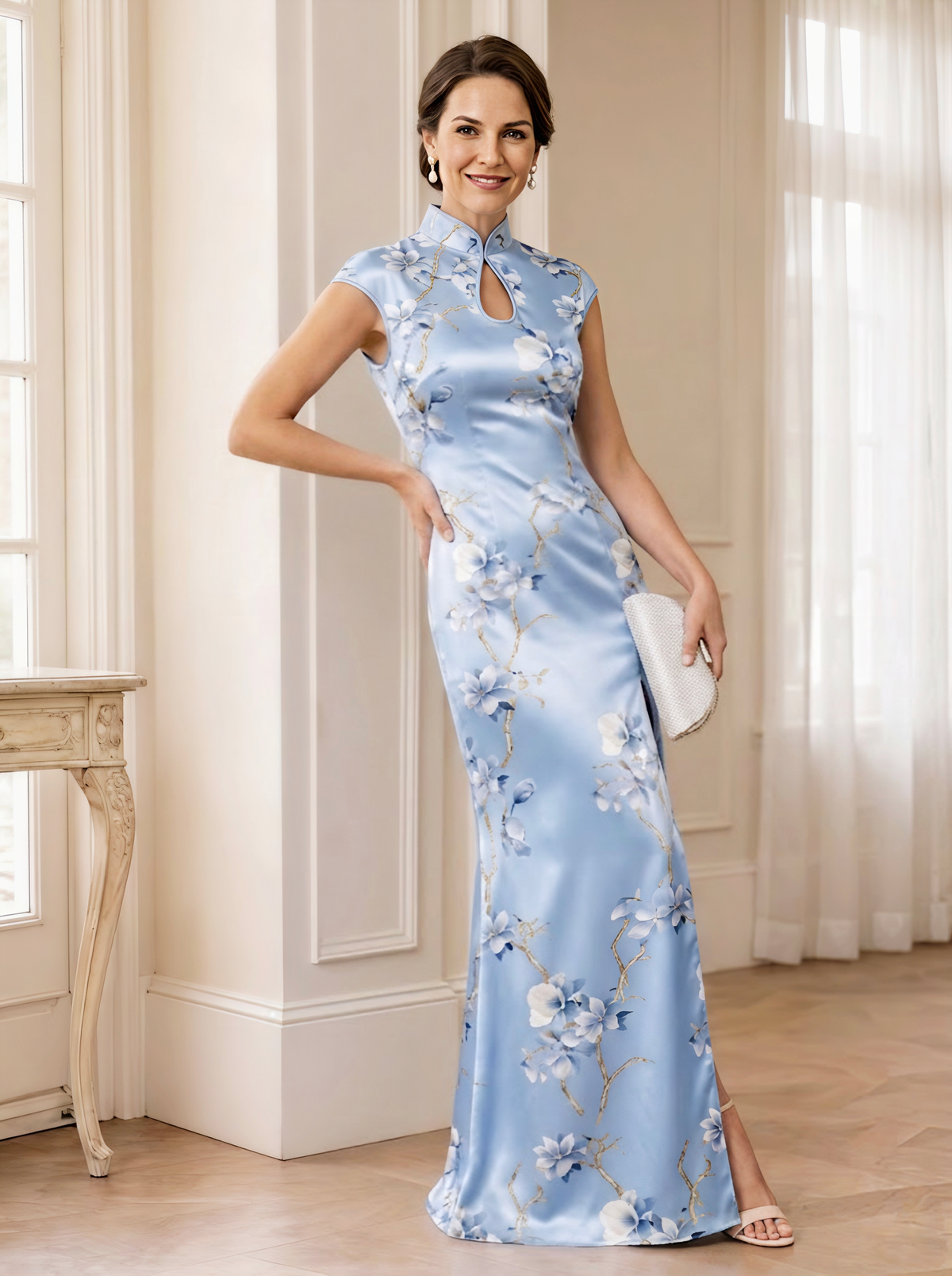 Floral Print Sheath/Column High Neck Floor-Length Mother of the Bride & Groom Dresses with Slit