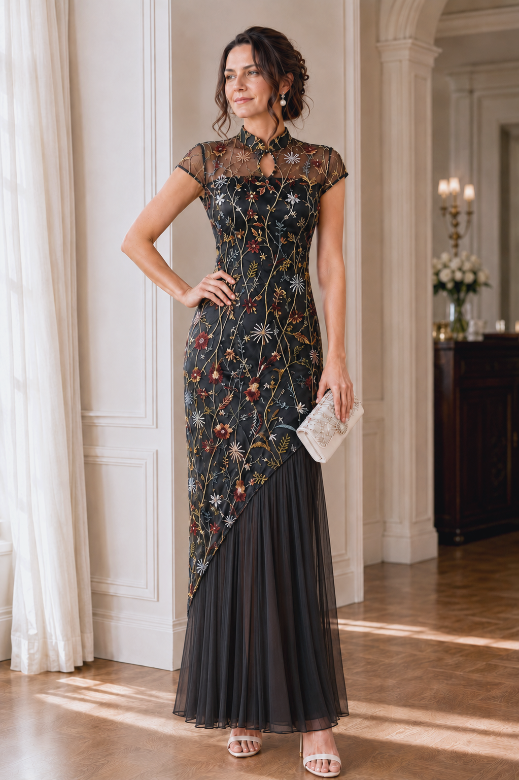 Lace Embroidery Sheath/Column High Neck Floor-Length Mother of the Bride & Groom Dresses with Pleats
