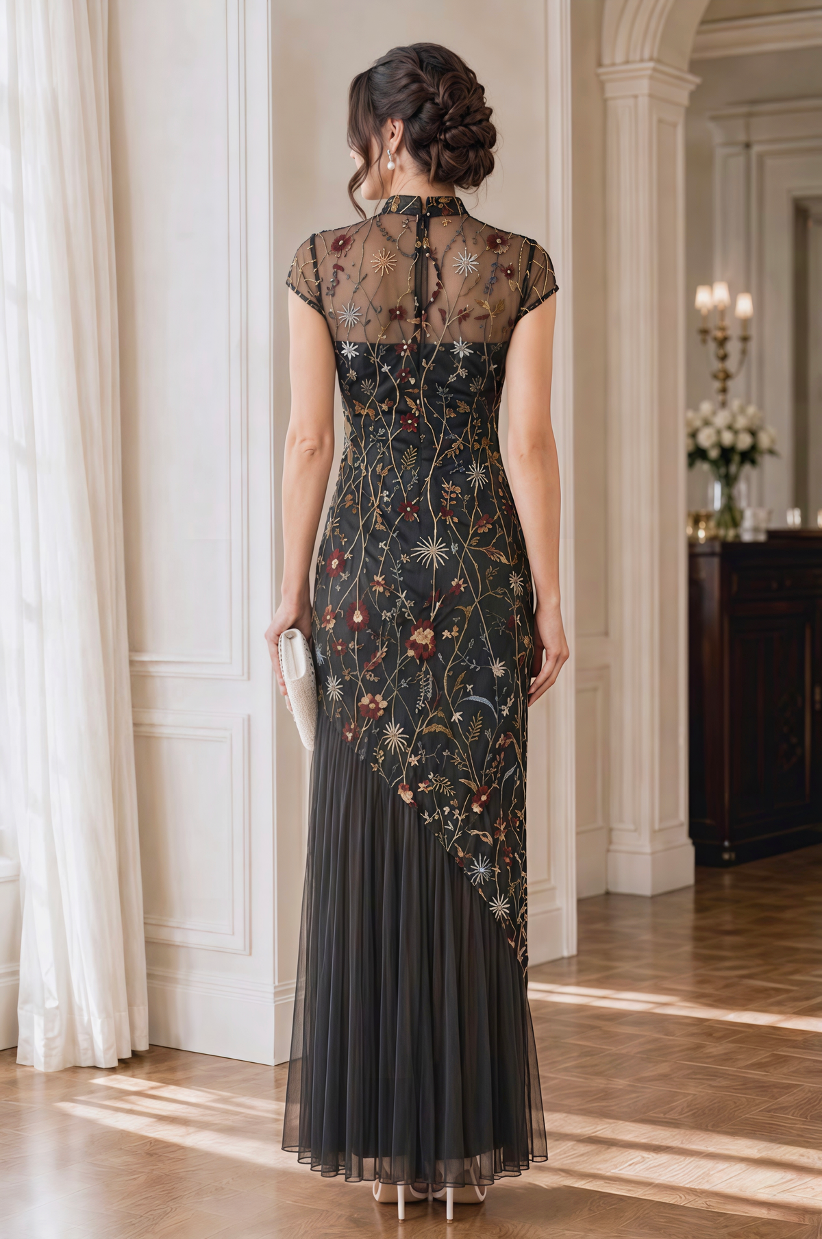 Lace Embroidery Sheath/Column High Neck Floor-Length Mother of the Bride & Groom Dresses with Pleats