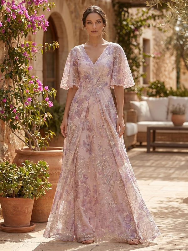 Jacquard A-Line/Princess V-Neck Floor-Length Mother of the Bride & Groom Dresses with Ruched Waist