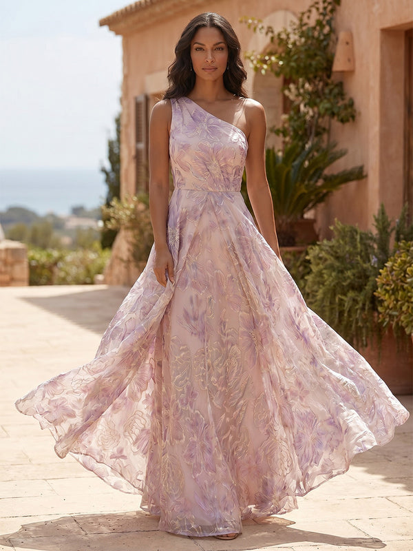Jacquard A-Line/Princess One Shoulder Floor-Length Mother of the Bride & Groom Dresses with Ruched Waist