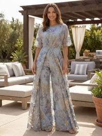 Jacquard Pantsuit Scoop Neck Floor-Length Mother of the Bride & Groom Dresses with Ruched Waist