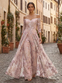 Jacquard Pantsuit Off Shoulder Floor-Length Mother of the Bride & Groom Dresses with Ruched Waist