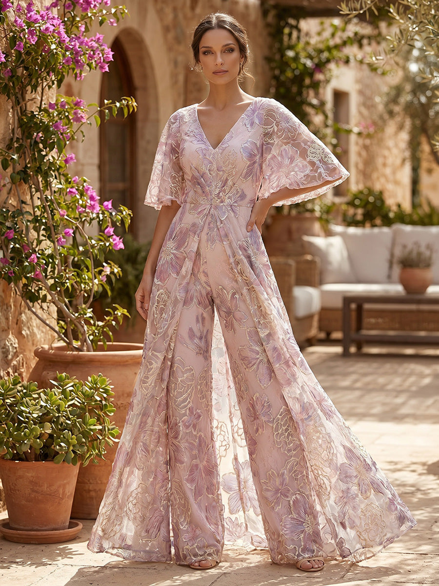Jacquard Pantsuit V-Neck Floor-Length Mother of the Bride & Groom Dresses with Ruched Waist